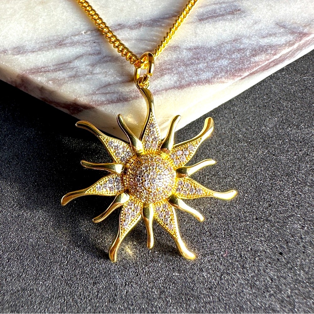 Sun Pendant Necklace with pave cubic zirconia 18k Gold